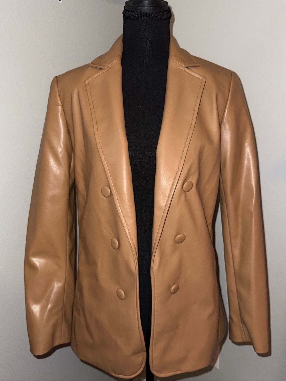 Anne Klein Camel Faux Leather Double-Breasted Blazer